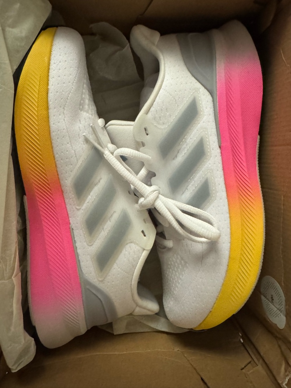 BRAND NEW Adidas Women’s White Running Shoes with Pink and Yellow Gradient - Picture 2 of 5
